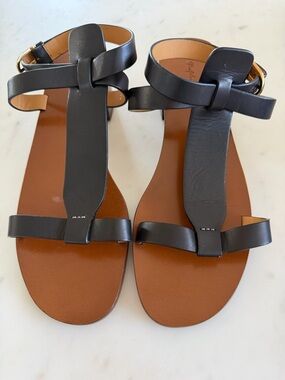 Ralph Lauren Black Leather T-Strap Sandals with Brown Footbed